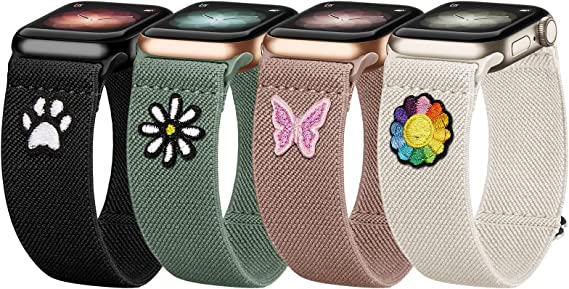 Stretchy Nylon Solo Loop Bands Compatible with Apple Watch 42mm 44mm 45mm 49mm, Adjustable Braided Sport Elastic Wristbands Women Men Straps for iWatch Series Ultra/8/7/6/5/4/3/2/1/SE, 4 Packs