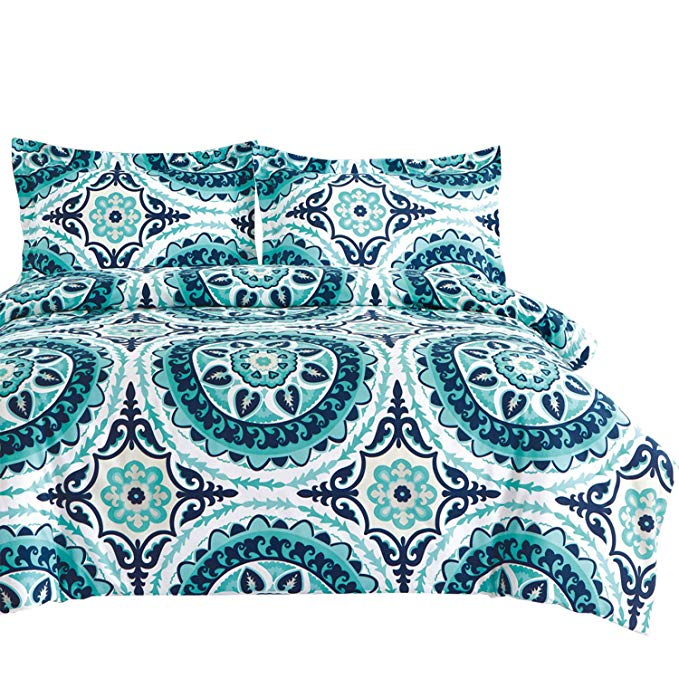 Wake In Cloud - Bohemian Duvet Cover Set King, Teal Turquoise and Navy Blue Bohemian Boho Chic Mandala Pattern Printed on White, Soft Microfiber Bedding with Zipper Closure (3pcs, King Size)