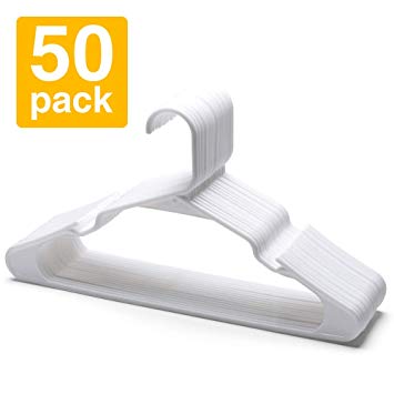 Pretigo Plastic Hangers -50 Pcak -White Plastic Clothes Hangers for Adult Standard Plastic Clothing Hangers with Notches for Trousers Skirt Suit
