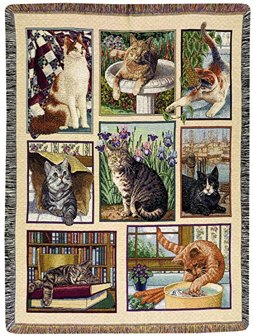 Manual Tapestry Throw with Fringe, Kitty Korner, 47 X 60-Inch