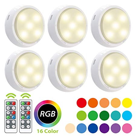 Wireless LED Puck Light, OxyLED RGB Color Changing LED Under Cabinet Lighting Closet Light Battery Powered Night Lights Under Counter Lighting with Remote Control Dimmer & Timing Function (6 Pack)