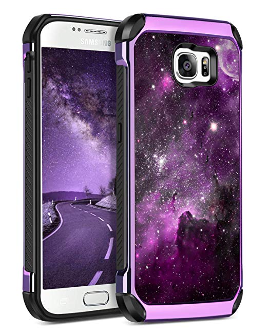 BENTOBEN Case for Galaxy S6, Slim Hybrid Heavy Duty Rugged Hard PC Cover Soft TPU Bumper Impact Resistant Non-Slip Shockproof Protective Case with Space Nebula Pattern for Samsung Galaxy S6, Purple