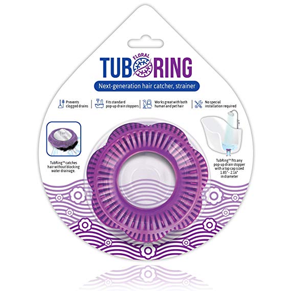 TubRing The Ultimate Tub Drain Protector Hair Catcher/Strainer/Snare, Floral - Purple