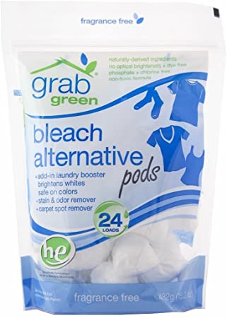 Grab Green Natural Bleach Alternative Pods, Non-Chlorine Bleach, Fragrance Free, Unscented/Free & Clear, 24 Loads