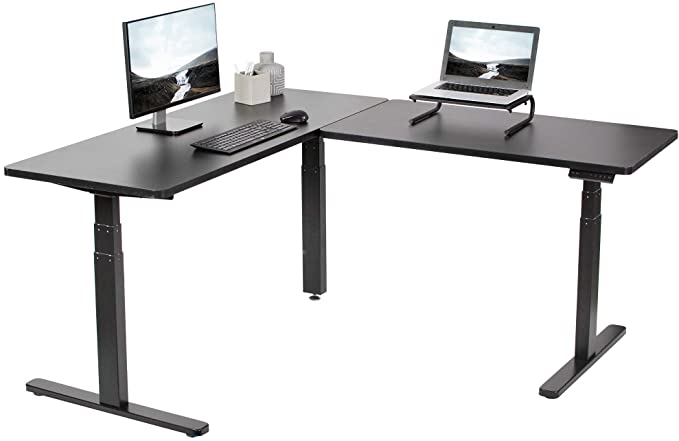 VIVO Electric 67 x 60 inch Corner Stand Up Desk | Black Table Top, Black Frame, Height Adjustable L-Shaped Standing Workstation (DESK-KIT-3E6B)