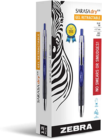 Zebra Sarasa Dry X30 Retractable Gel Ink Pens, Medium Point 0.7mm, Blue Rapid Dry Ink, 12-Count