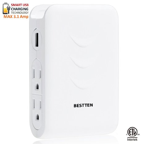 Bestten Wall Outlet Surge Protector with Dual USB Charging Ports (3.1A) and 4 Outlets, Top Cell Phone Dock, Portable for Travel or Home/Office Use