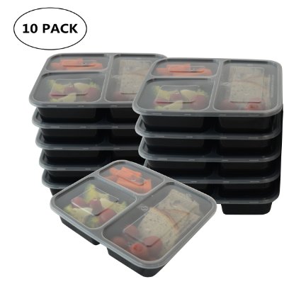 Prefer Green 3-Compartment Bento Box / Durable Plastic Lunch Boxes Sets, Meal Prep, Portion Control Containers,Food Storage [10 Pack]