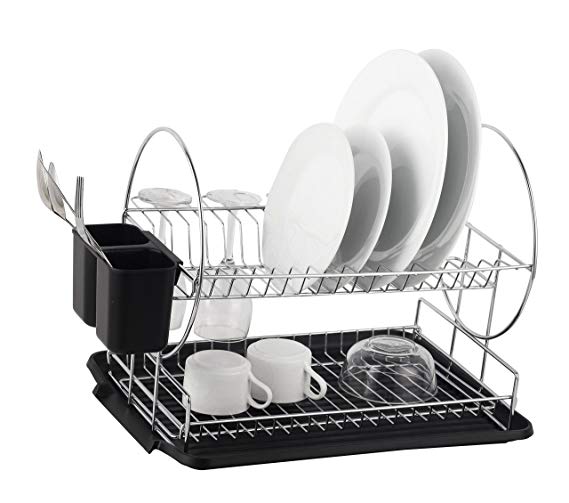 Deluxe Chrome-plated Steel 2-Tier Dish Rack with Drainboard / Cutlery Cup (BlackII)