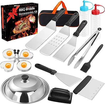 Griddle Accessories Kit, 17PCS Flat Top Grill Accessories Set for Blackstone and Camp Chef, Enlarged Spatulas, Basting Cover, Scraper, Tongs, Stain Steel Grill Spatula Kit for Outdoor BBQ & Cooking