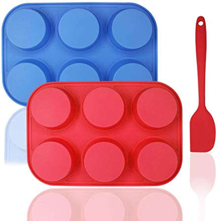 6-Cup Silicone Muffin Mold Bonus with Spatula, DaKuan 3 pcs Pack o fMuffin Mold and Spatula Set, Non-Stick Baking Pan, Flexible, Cupcake Pans, Dishwasher, Oven, Microwave Oven Safe. Blue   Red