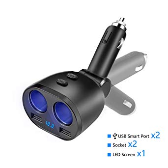 Rocketek 2 Sockets Car Cigarette Lighter Adapter 12V/ 24V 80W with 3.1A Dual USB Car Charger Splitter for Mobile Phone,Tablet,GPS, Samsung, Tomtom - Build in 5A Fuse with Voltage LED Display