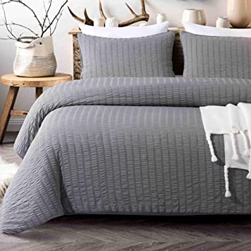 NTBAY 3 Pieces Seersucker Duvet Cover Set, Super Soft Microfiber, Nature Simple Style, Dark Grey, Queen