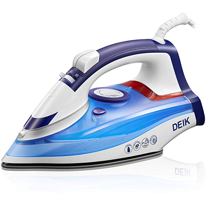 Deik Steam Iron, 1100W Iron with Ceramic Soleplate, Self-Cleaning Function, Variable Temperature, Steam Control, Steam Boost Control up to 25g / min, Anti-Drip, White/Blue