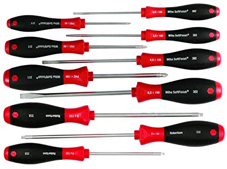 Wiha 30290 SoftFinish Grip ScrewDriver Set, Slotted 3.0-6.5, Phillips Number 0 -2 and Square Number 1-3, 10-Piece Set