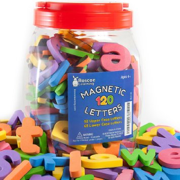 Roscoe Learning - 120 Magnetic Letters - Premium Foam ABC Magnets in Storage Container with Handle