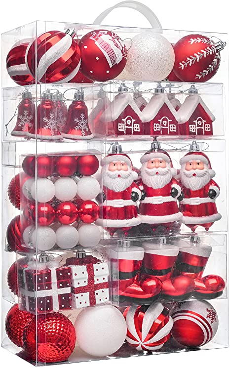 Valery Madelyn 100ct Traditional Red and White Christmas Ball Ornaments Decor, Shatterproof Assorted Christmas Tree Ornaments for Xmas Decoration