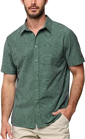 INTO THE AM Mens Casual Button Down Shirts - Short Sleeve Summer Beach Hawaiian Tropical Vacation Shirt Relaxed Button Up