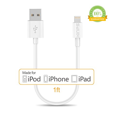 Kinps Apple MFi Certified Lightning to USB Cable 1ft/0.3m iPhone Charger Cord Super Long for iPhone 7 / 7 Plus / 6S / 6S Plus / 6 / 6 Plus / SE / 5S / 5, iPad Pro / Air / Mini (White, 1 Pack)