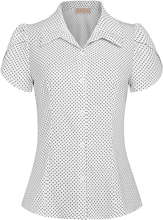 Belle Poque Summer Short Sleeve Button Down Blouse for Women V Neck Vintage Business Casual Shirts Tops