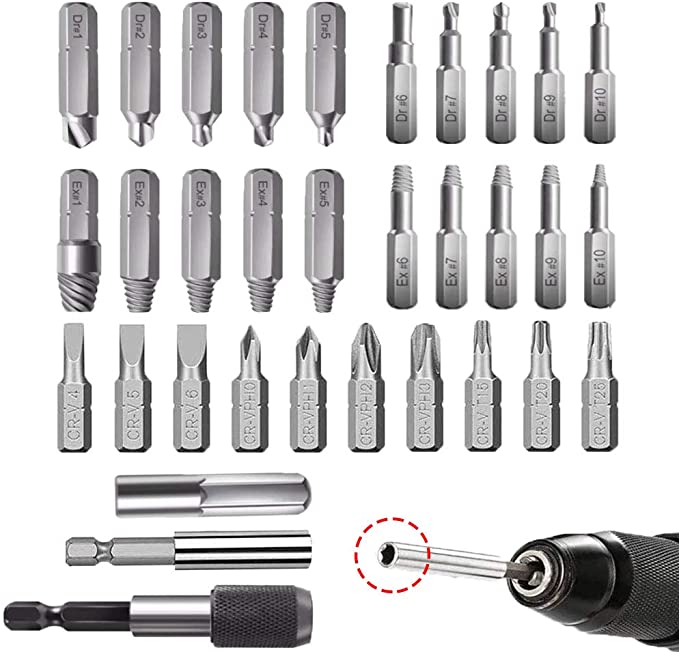 Broken Screw Extractor,Screw Remover,Batch Tool,Bolt Extractor Kit with Magnetic Extension Bit Holder (33 Pcs)