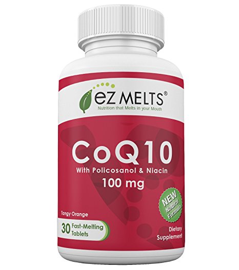 EZ Melts CoQ10, 100 mg, Dissolvable Vitamins, Vegan, Zero Sugar, Natural Orange Flavor, 30 Fast Melting Tablets, CoQ10 Supplement