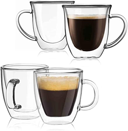 JoyJolt Double Wall Insulated Glasses Coffee & Espresso Mugs (Set of 2) - 5.4-Ounces & (Set of 2) - 7.4-Ounces