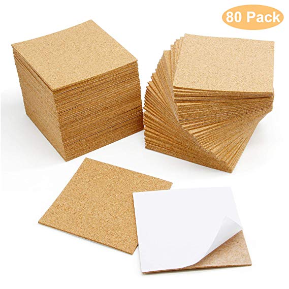 80 Pcs Self-Adhesive Cork Sheets 4"x 4" for DIY Coasters, Square Cork Coasters, Cork Tiles, Cork Mats, Mini Wall Cork Tiles with Strong Self Adhesive Backing by Blisstime