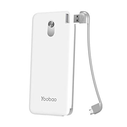 Power Bank Yoobao Portable Charger 10000mAh with Built-in Cable Slim External Battery Packs for Android Phone Tablet Samsung Huawei, Replace Cable to Charge iPhone X 8 7 Plus etc - USB Micro(White)