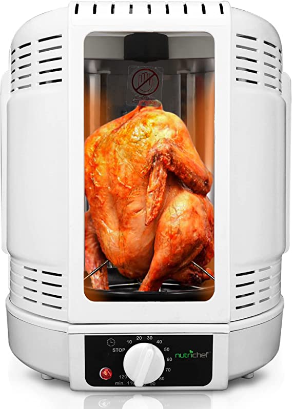 NutriChef Vertical Rotisserie Oven Roaster - Rotating Shawarma / Kebab Machine with Skewer and Rack, Basket Tower, Roasting Rack, Poultry Tower, Drip Tray - For Meat Chicken Turkey Lamb - PKRT15 White