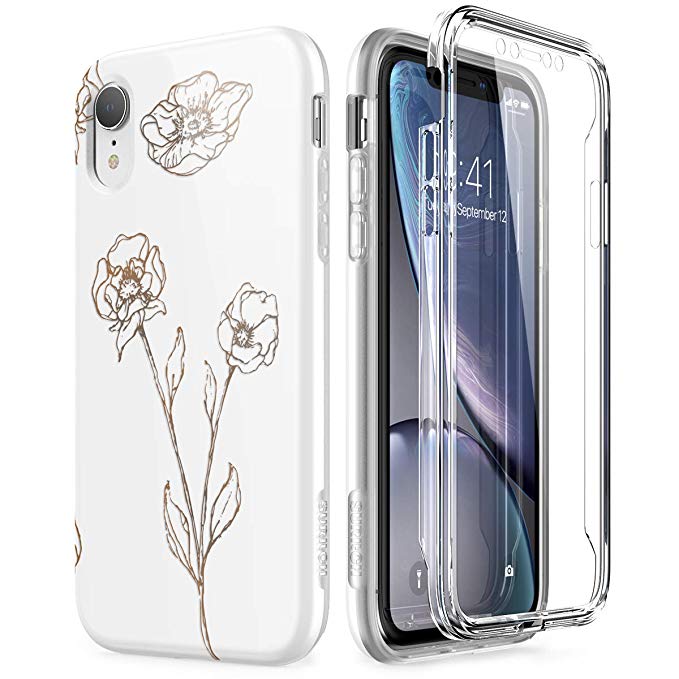 SURITCH for iPhone XR, [Built-in Screen Protector] Full-Body Protection White Gold Glitter Flowers Shockproof Rugged Bumper Protective Cover for iPhone XR 6.1 Inch (White Gold)