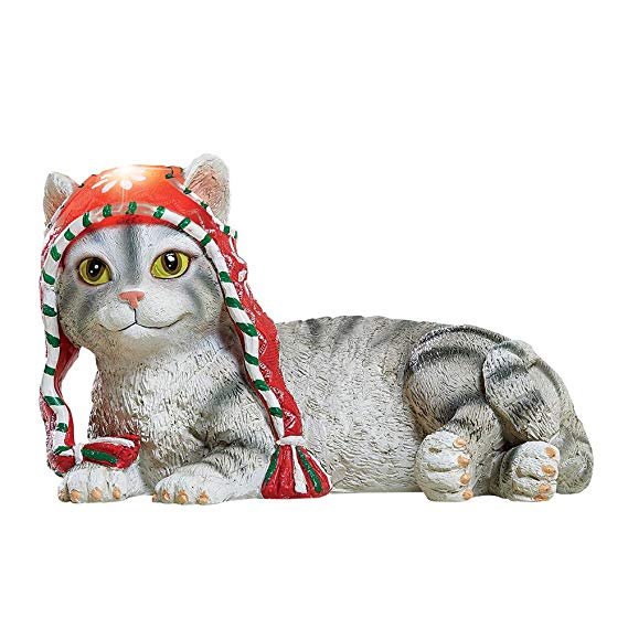 Collections Etc Solar Lighted Winter Cat Statue with Hat Outdoor/Indoor Decoration, Adorable Kitten Seasons Greetings