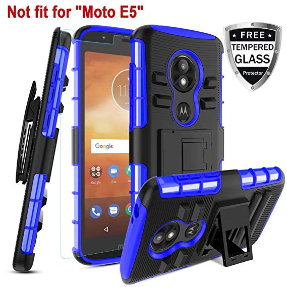 Motorola Moto E5 Play Case, Moto E5 Cruise W [Tempered Glass Screen Protector] [Built-in Kickstand] Rotatable Combo Holster Belt Clip Rugged PC Back &TPU Soft Inner Armor Protective case,Blue