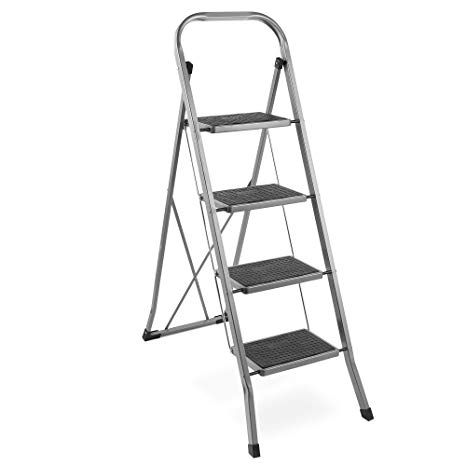 VonHaus Steel 4 Step Ladder Folding Portable Stool with 330lbs Capacity and Anti-Slip Feet - Lightweight and Sturdy