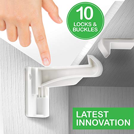 Cabinet Locks Child Safety - Cabinet Latches/Locks, Baby Proofing Cabinet System, Prevents Toddler Injuries and Provides a Slick Invisible Look !! (10 Pack – White)