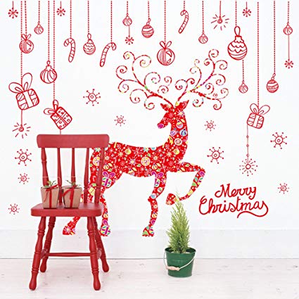CUGBO Red Reindeer Snowflake Christmas Wall Sticker Home Decor Decal for Glasses Windows Door Show Window