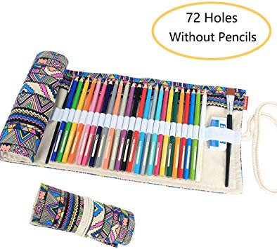 Everun Large Capacity Canvas 72 Slot-Adult Pencil Wrap Roll Case Holder, Portable Coloring Pencil Holder Organizer Roll Storage for 72 Colored Pencils (No Pencils Included)