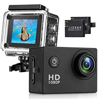 Action Camera, 12MP 1080P 2 Inch LCD Screen, Waterproof Sports Cam 140 Degree Wide Angle Lens, 30m Sport Camera DV Camcorder with 2 Rechargeable