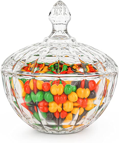 ComSaf Large Glass Candy Dish with Lid（6 1/2 inch）, Clear Covered Candy Bowl, Crystal Candy Jar, Decorative Candy server for Home Kitchen Office Table, Set of 1