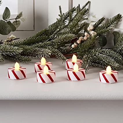 Set of 6 Candy Cane Striped Flameless Battery Operated LED Christmas Tea Lights