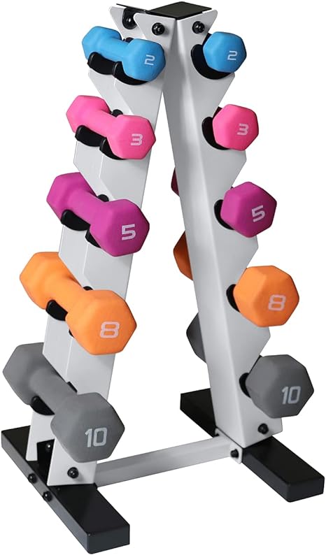 WF Athletic Supply Neoprene Coated Dumbbell Set with A Frame Storage Rack, Non-Slip Grip & Hexagon Shape, Space Saving Home Gym Equipment, Color Options Available