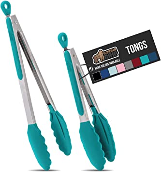 Gorilla Grip Stainless Steel Silicone Tongs for Cooking, Set of 2, Includes 9 and 12 Inch Locking Kitchen Tong, Heat Resistant Tip, Strong Grip for Meat, Perfect for Nonstick Pans, BBQ, Turquoise