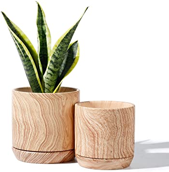 POTEY 053110 Ceramic Pots for Plants - Wooden Pattern Cylinder Planter for Indoor Plants Flower Succulent with Drainage Hole, Set of 2(3.9   4.7 Inch Diameter, Plant NOT Included)