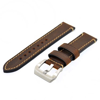 Dark Brown 20mm Genuine Leather Wristwatch Watch Band Oil Tan Vintage Strap for Men with Stainless Buckle