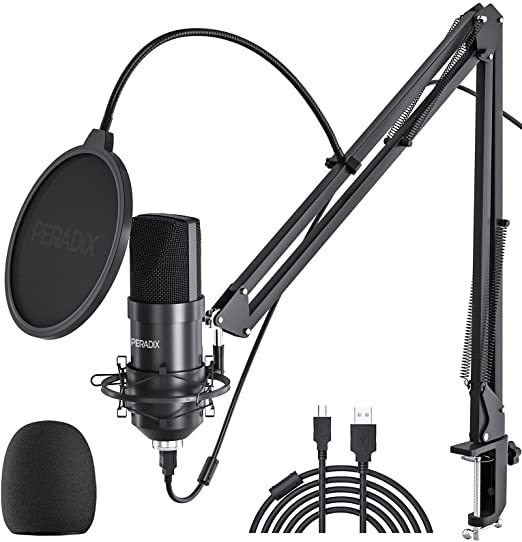 USB Microphone Streaming Podcast PC Microphone 2021 Mics, Peradix 192kHz/24Bit Professional Studio Cardioid Condenser Microphone Kit with Boom Arm, Pop Filter for Skype YouTube Karaoke Gaming Recording