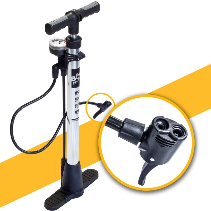 Bicycle Floor Pump with pressure gauge for Presta and Schrader valves 9733 Large diameter for quicker inflation 9733 Folding Base to save space 9733 Lifetime Replacement Guarantee