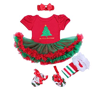 BabyPreg Baby Girls My First Christmas Santa Costume Party Dress 4PCS