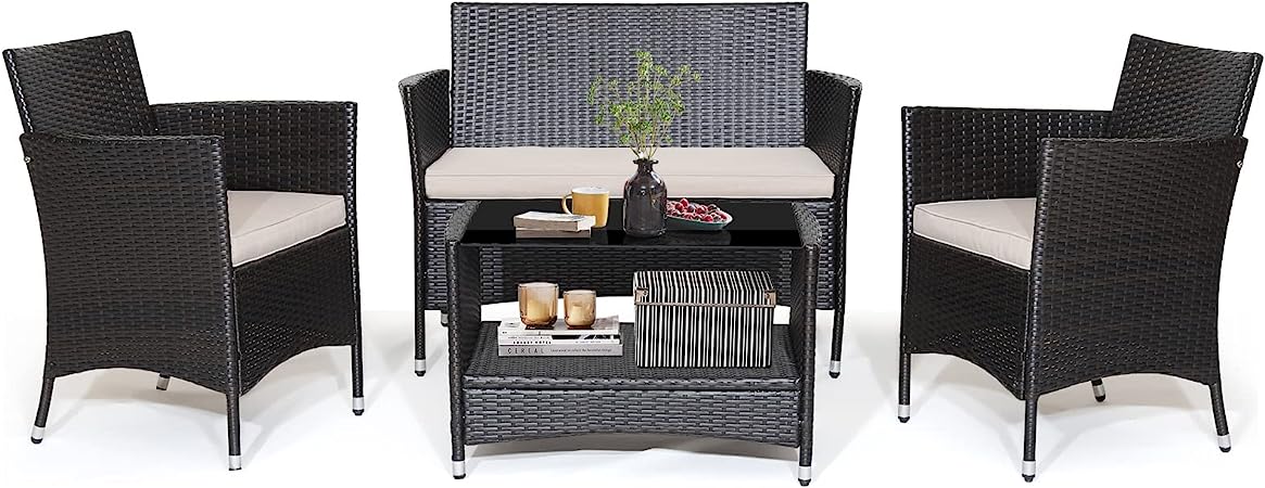 COSTWAY 4PCS Patio Rattan Furniture Set Armrest Cushion Sofa Coffee Table W/Shelf Garden