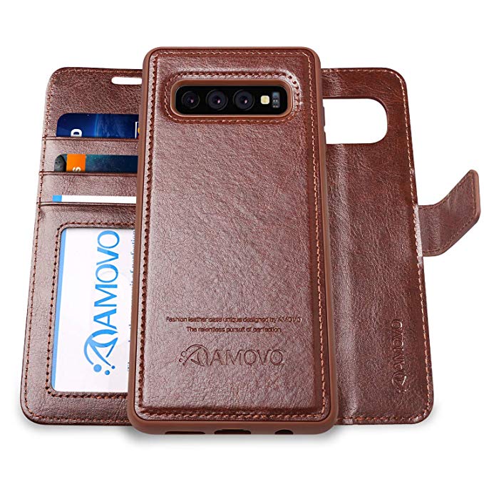 AMOVO Case for Galaxy S10 (6.1’’) [2 in 1] Samsung Galaxy S10 Wallet Case Detachable [Vegan Leather] [Wrist Strap] [Kickstand] Samsung S10 Folio Flip Case with Gift Box Package (S10 (6.1'') Brown)