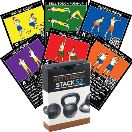 Kettlebell Exercise Cards by Strength Stack 52. Kettlebell Workout Playing Card Game. Video Instructions Included. Learn Kettle Bell Moves and Conditioning Drills. Home Fitness Training Program.